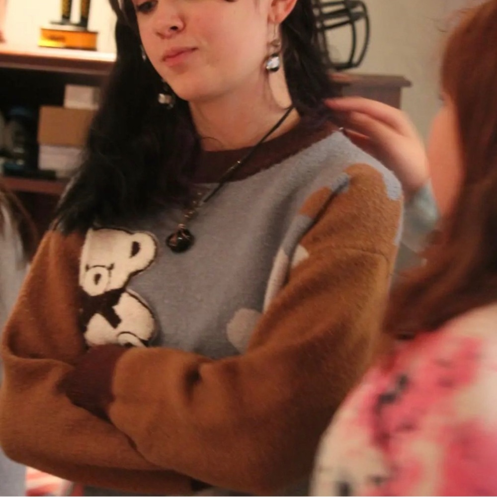 Blue, brown, white, and black teddy bear sweater
